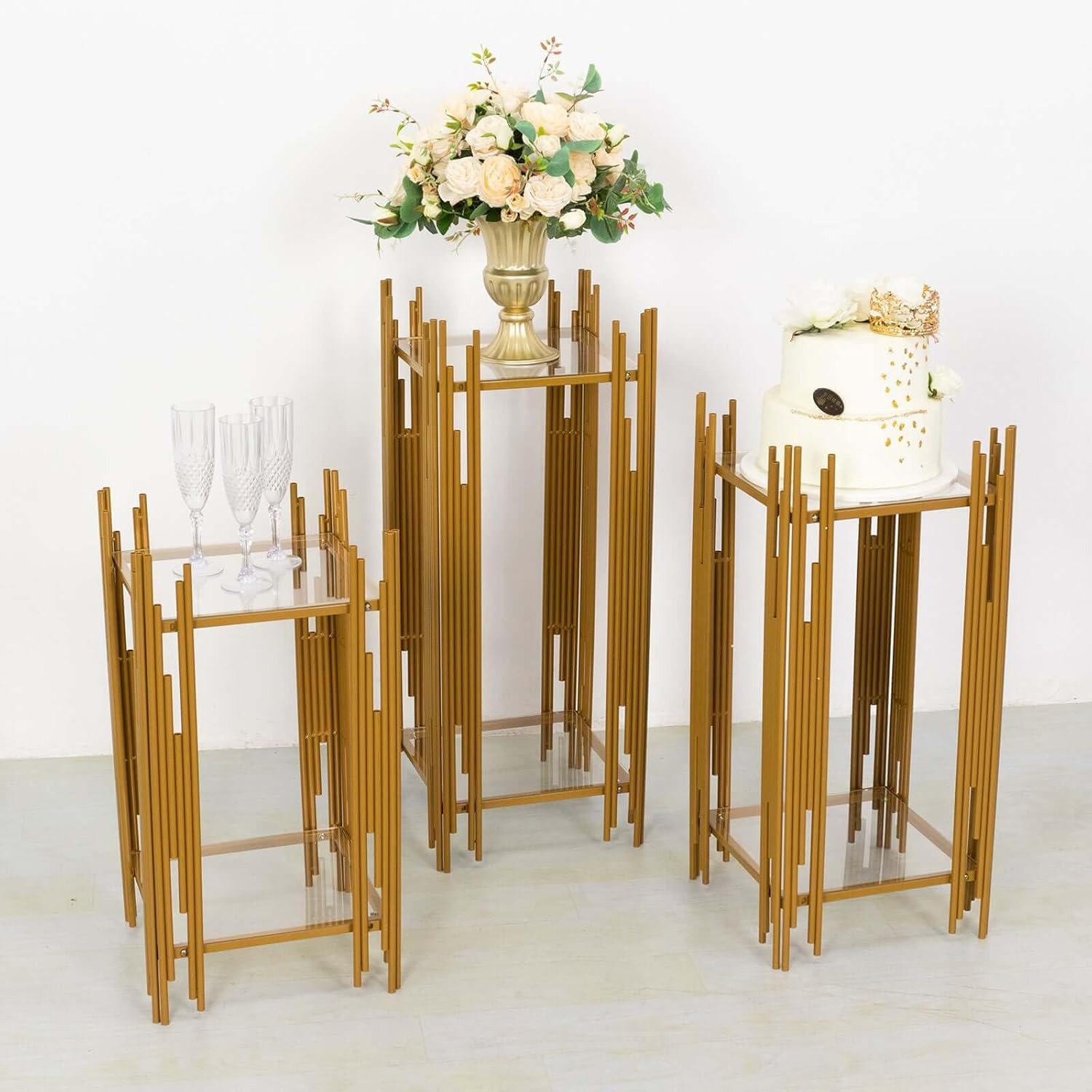 Tableclothsfactory Set of 3 Gold Metal Flower Display Stands