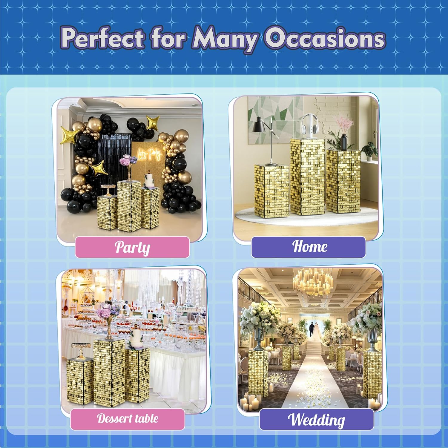 Qcity Light Gold Shimmer Pedestal Stand Set of 3