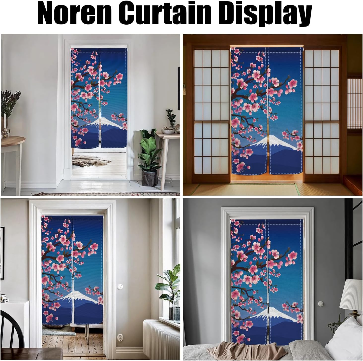 Japanese Door Curtain Noren with Cherry Sakura and Mount Fuji Design