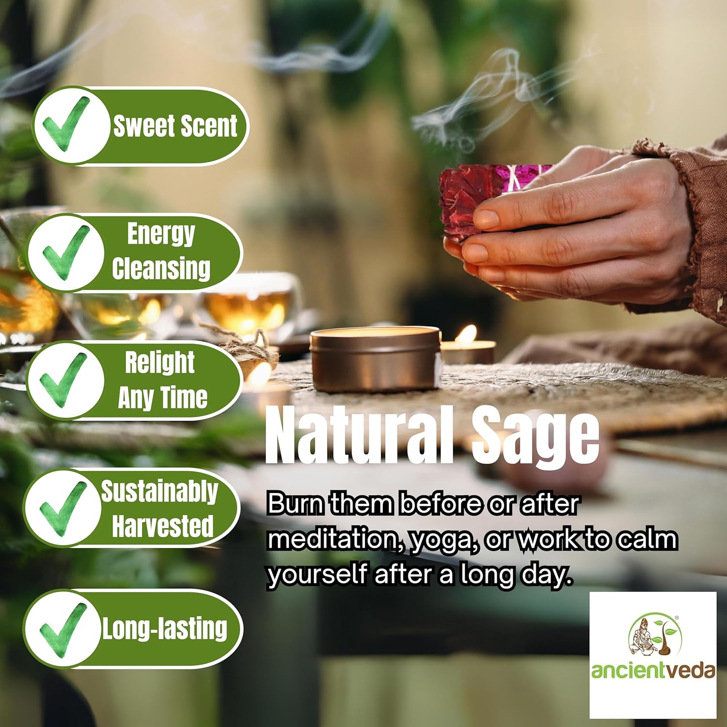Ancient Veda 3 Pack Smudge Sticks with Guide for Cleansing and Meditation