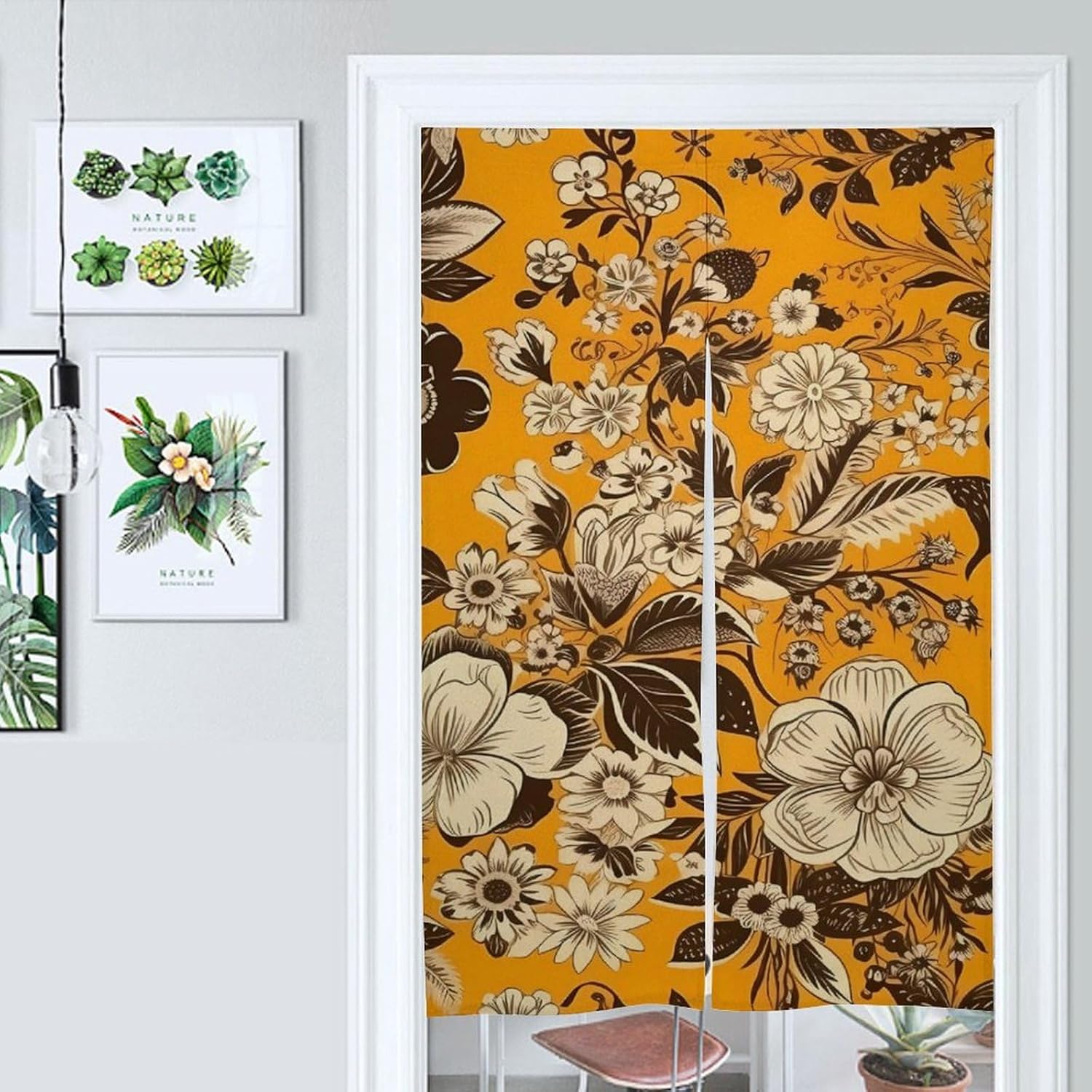 Japanese Noren Flowers Door Curtain with Yellow Background