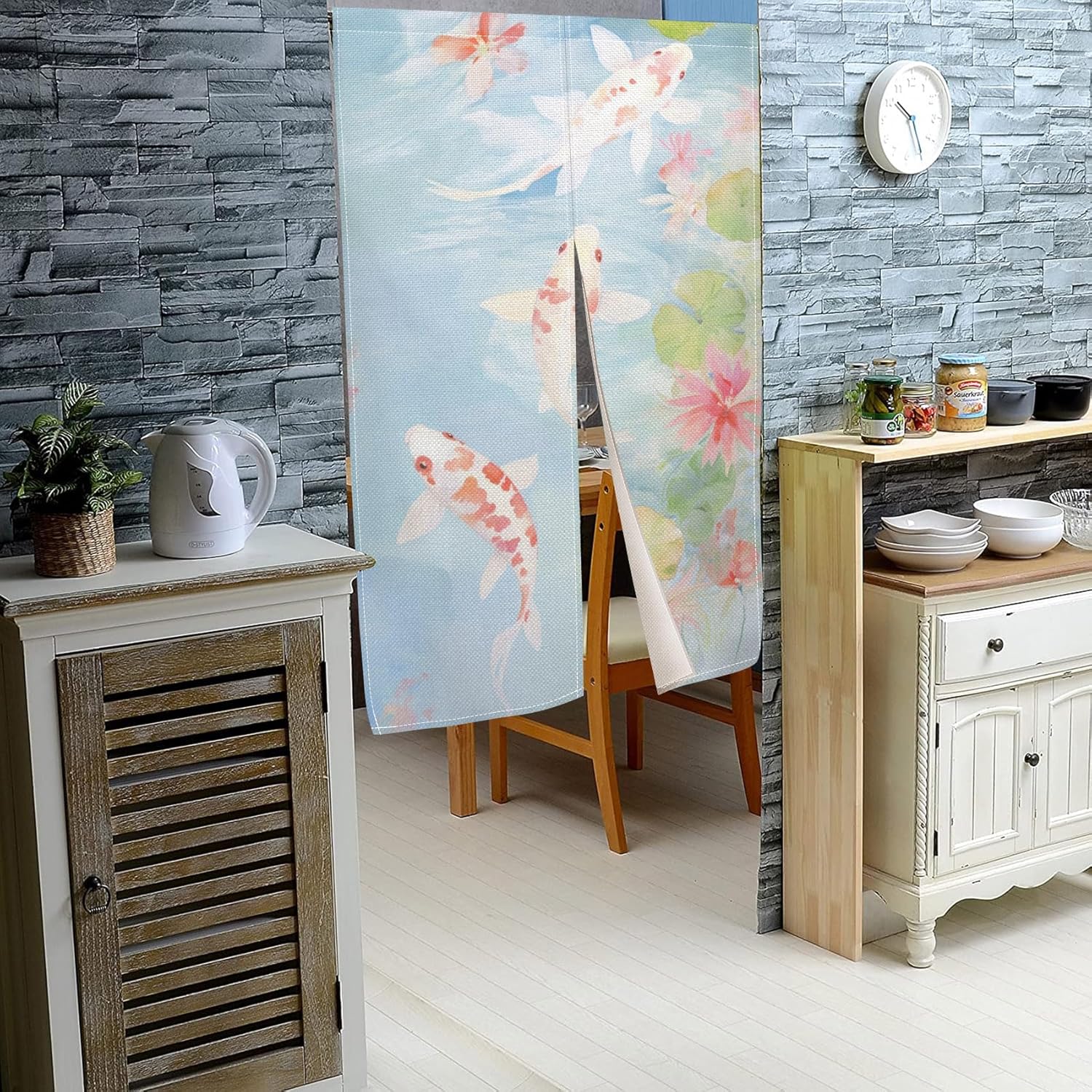 Japanese Noren Door Curtain with Lotus and Koi Fish Design