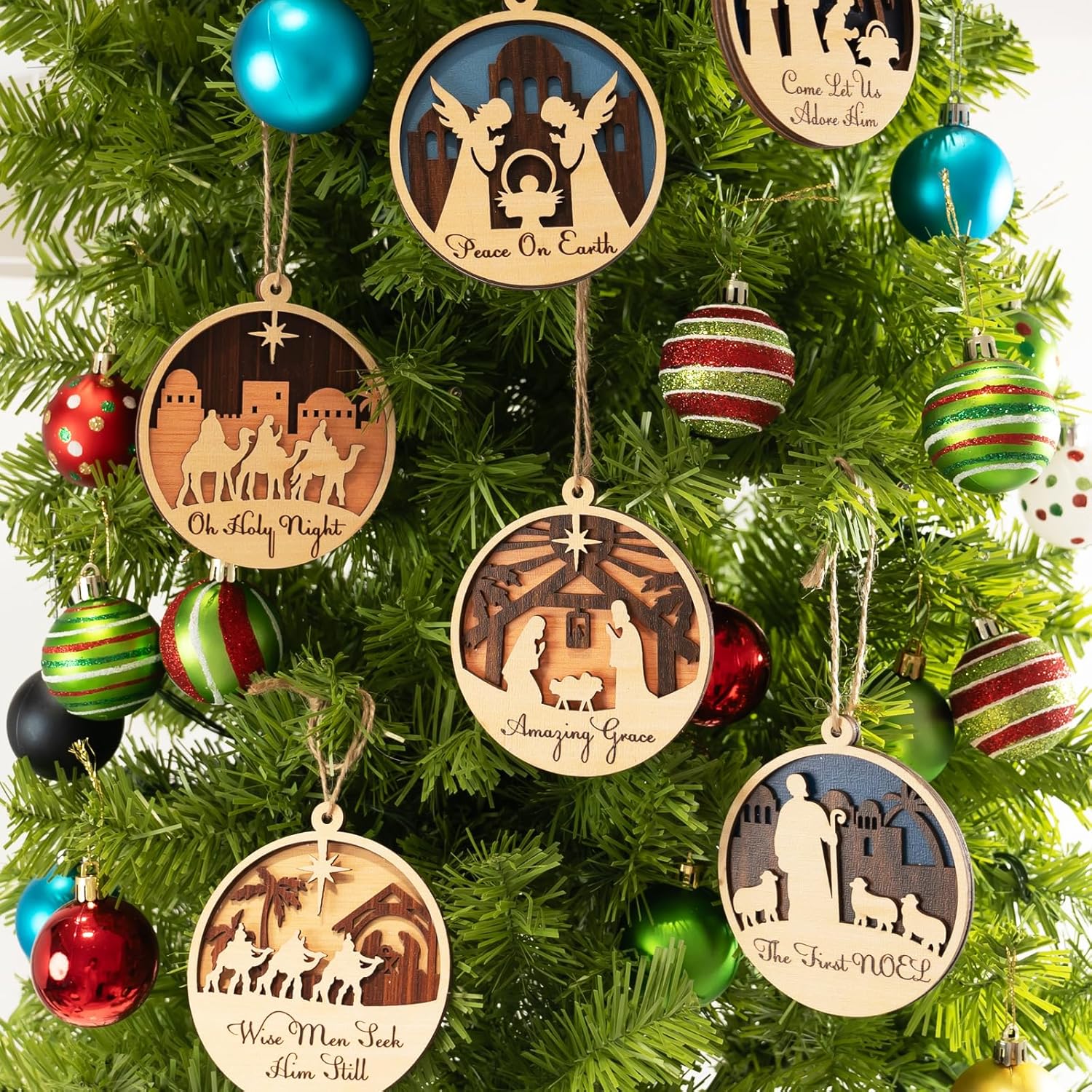 6 Pack Wooden Christmas Ornaments Set with Nativity Scene Decorations