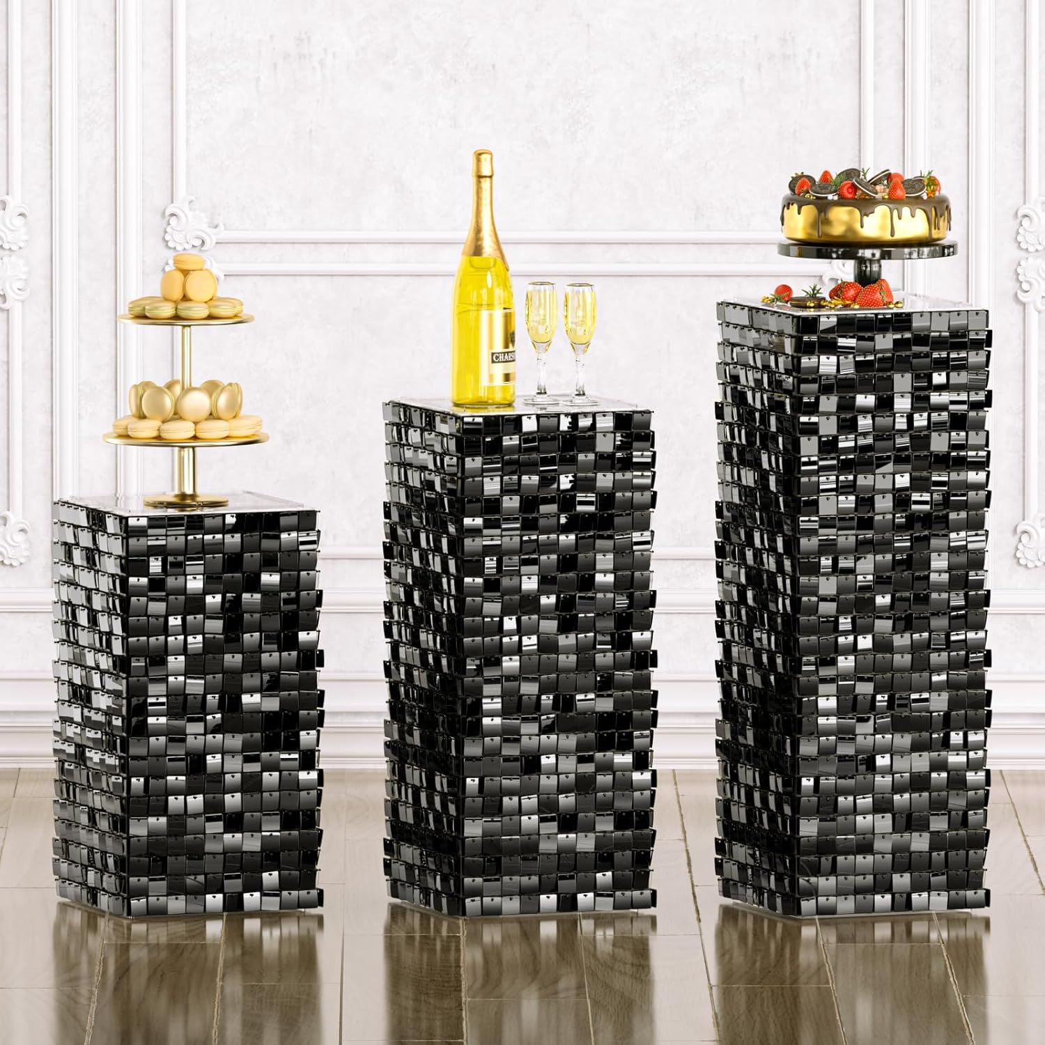 Qcity Shimmer Pedestal Stands Set of 3 for Parties