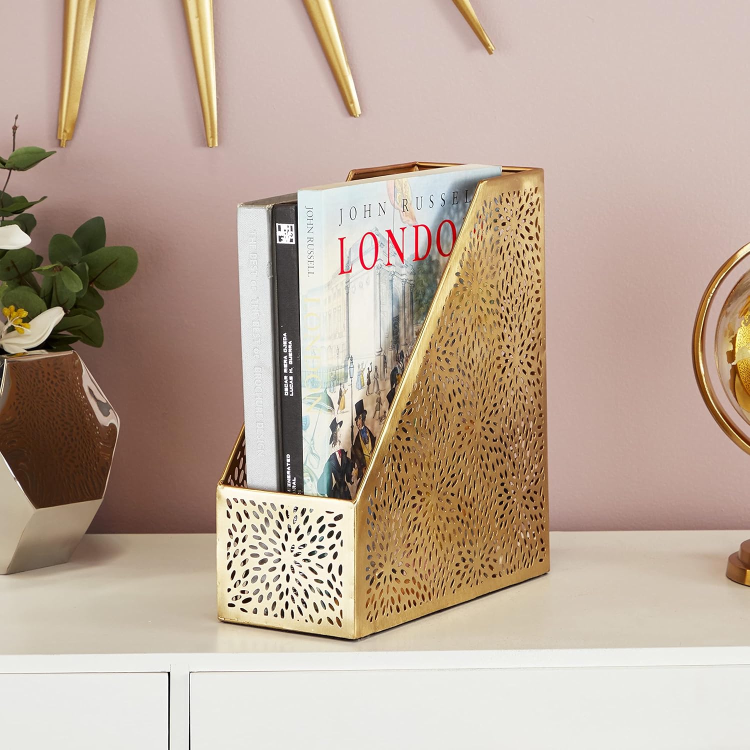 CosmoLiving Gold Magazine Holder with Floral Design