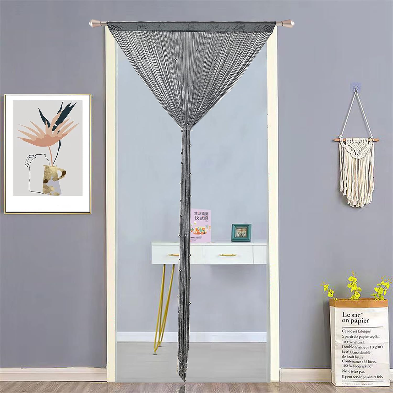Beaded Curtain Door with Dense String and Fringe