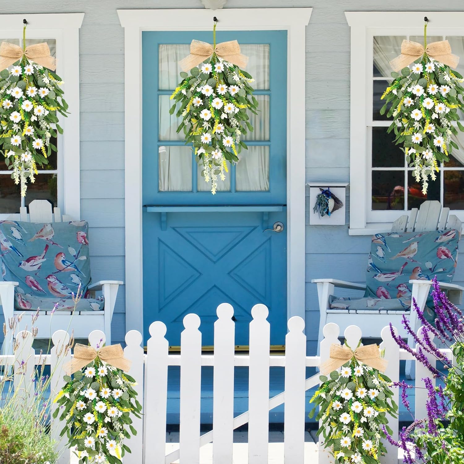 2 Pcs 24 Inch Artificial White Daisy Teardrop Wreath Swag