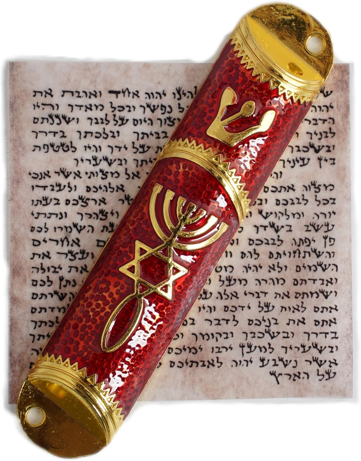 Traditional Red Gold Enamel Mezuzah Case for Home Protection