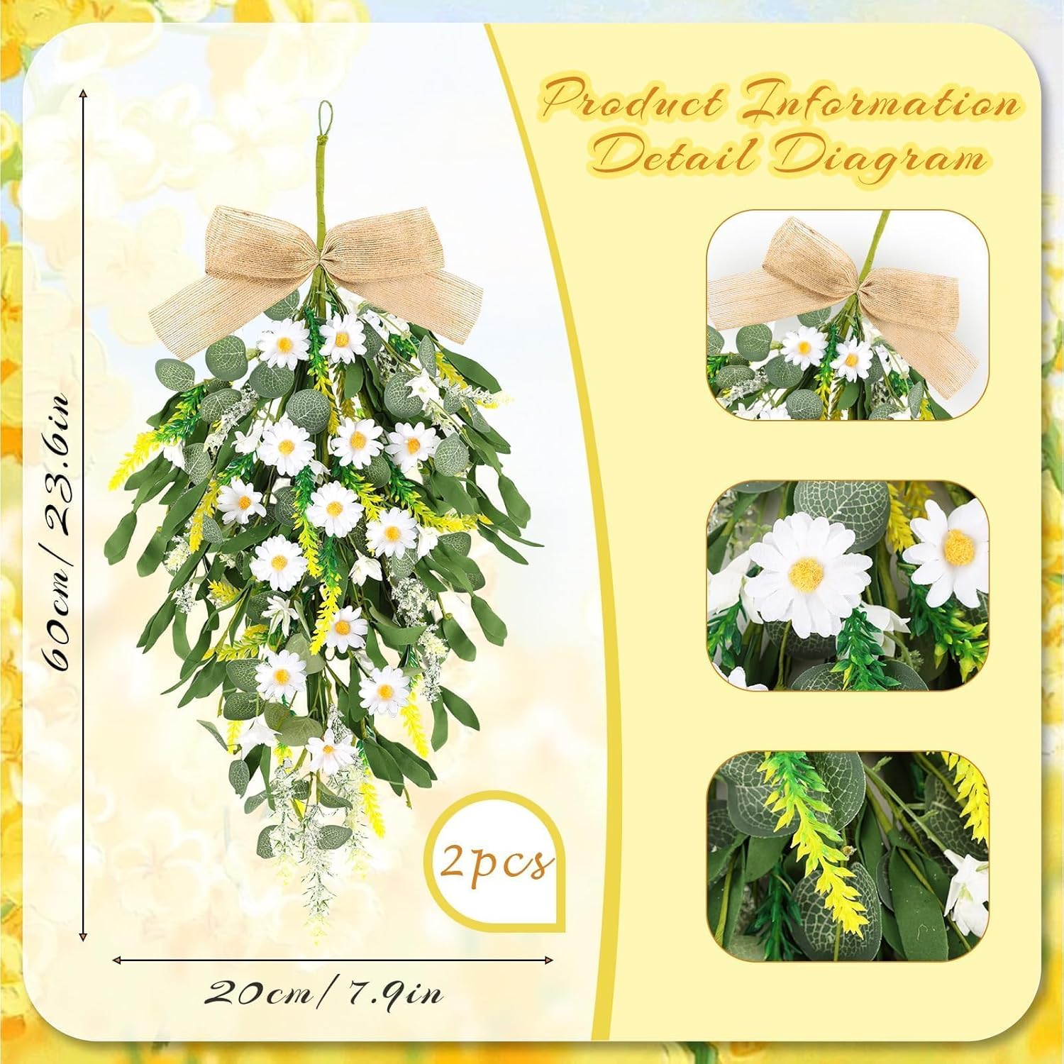 2 Pcs 24 Inch Artificial White Daisy Teardrop Wreath Swag