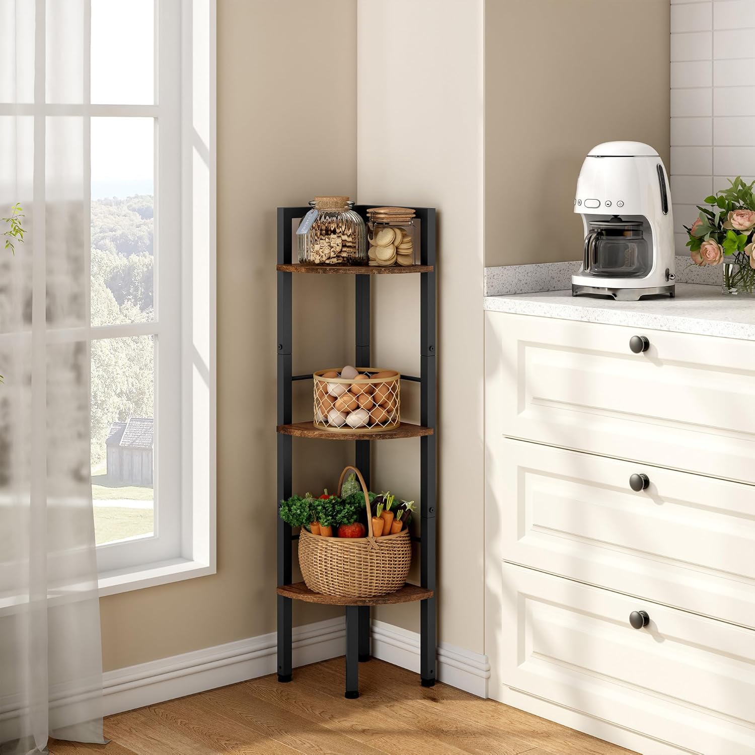 Tajsoon 3 Tier Corner Shelf Stand Industrial Rustic Brown