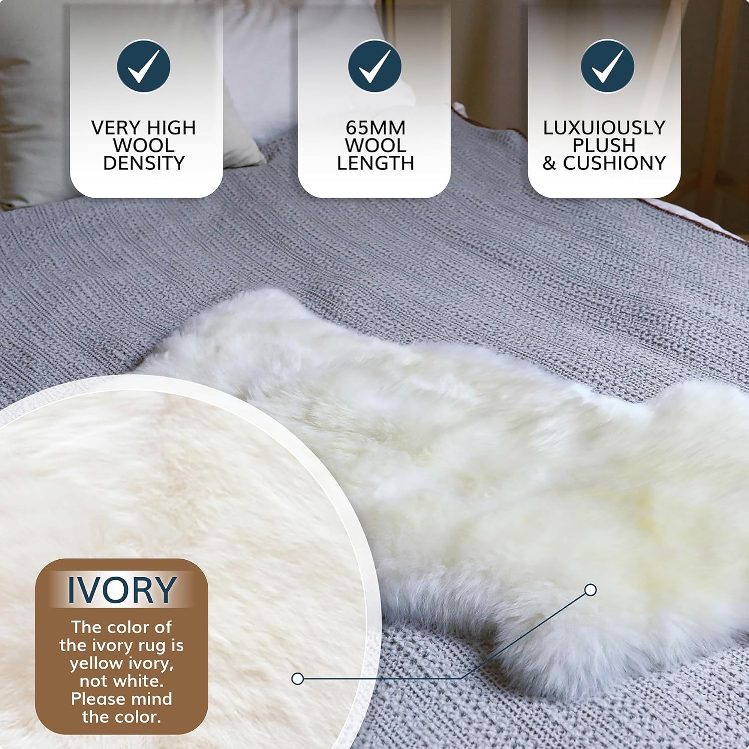 WaySoft New Zealand Sheepskin Area Rug - Ivory 2ft x 3ft
