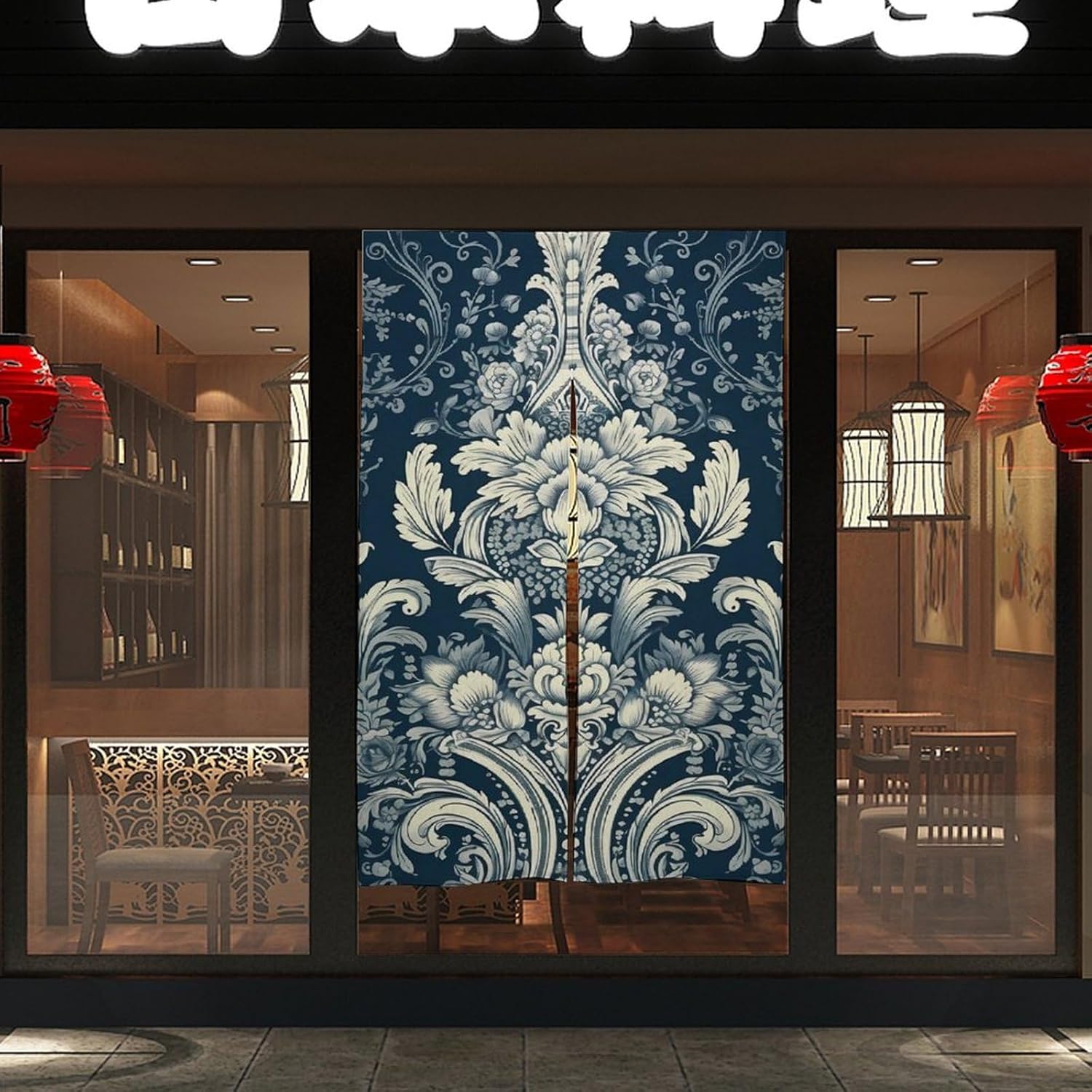 Japanese Noren Pattern Blue Background Door Curtain 34x57 Inch Split Drape