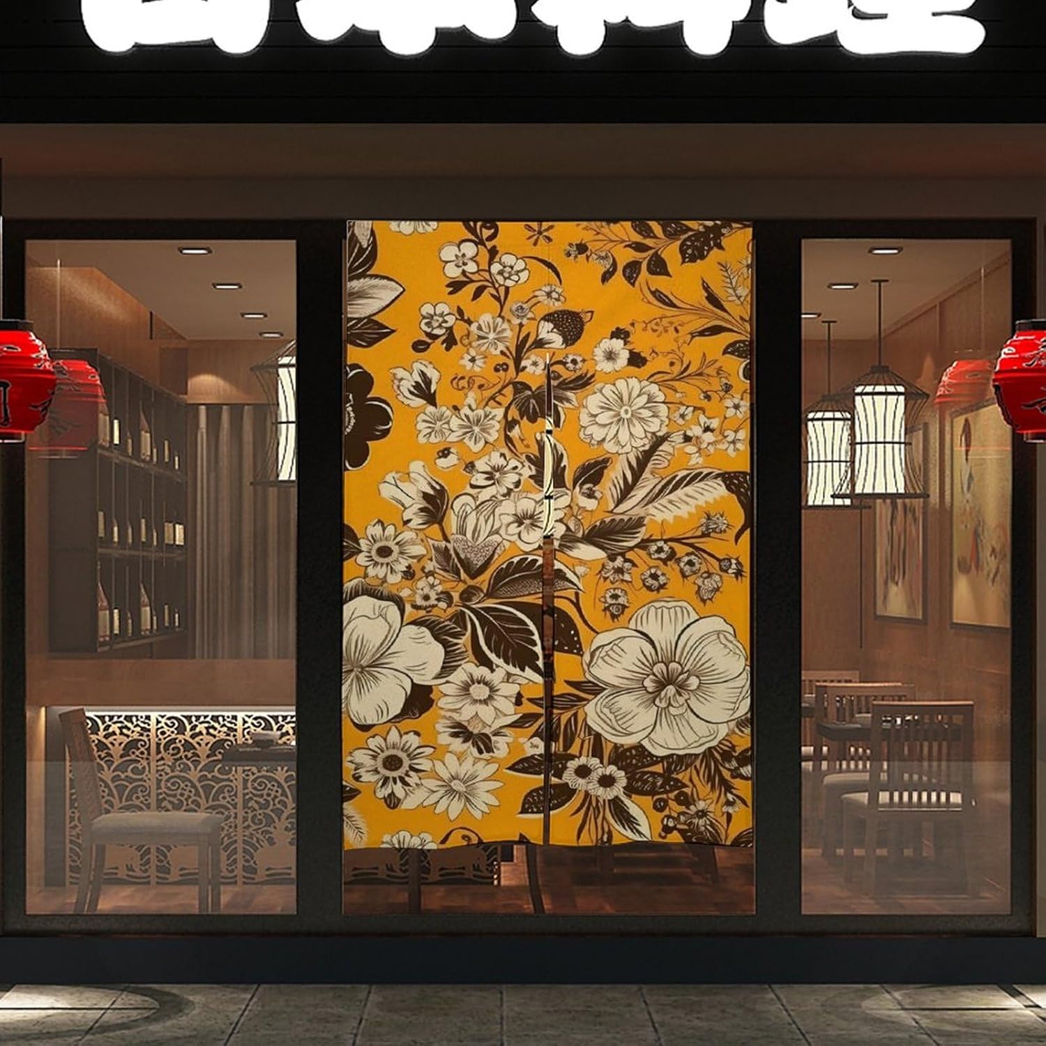 Japanese Noren Flowers Door Curtain with Yellow Background
