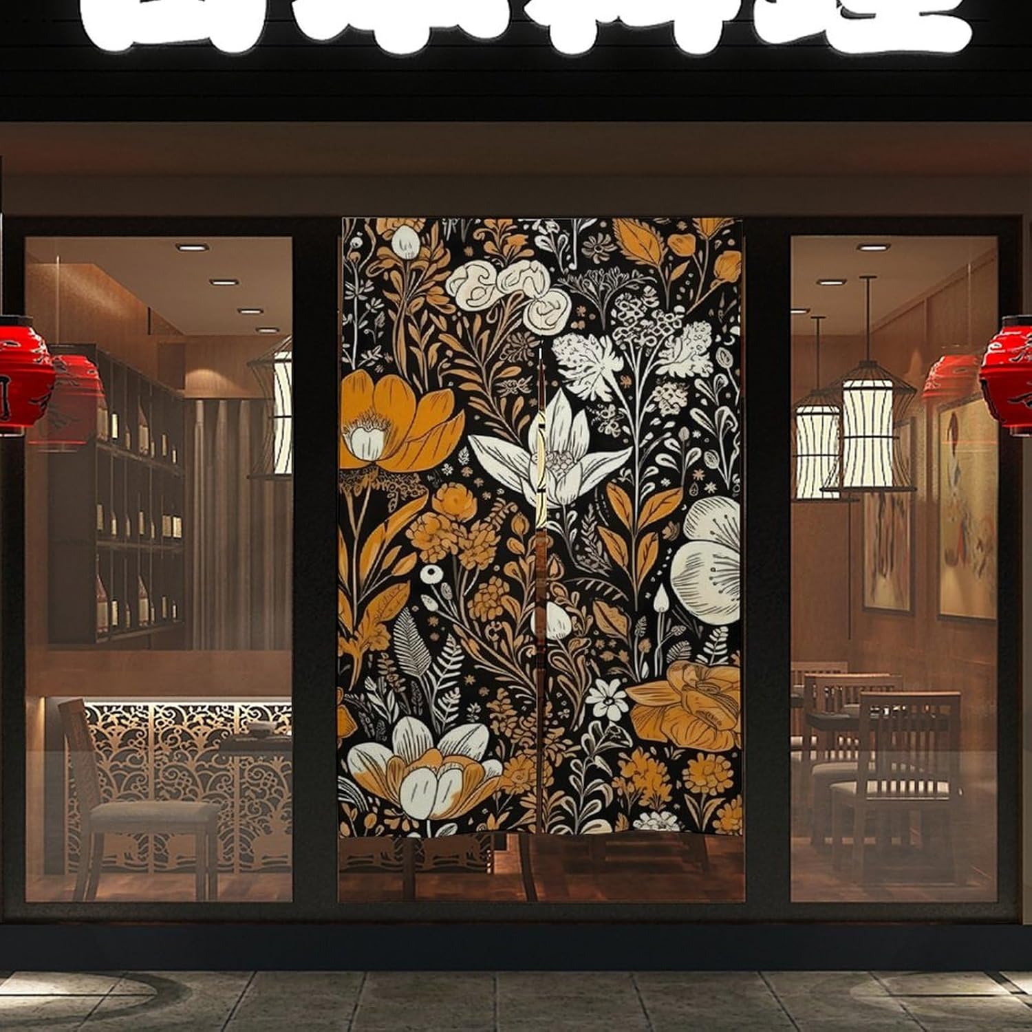 Japanese Noren Flowers Door Curtain 34x57 Black Background