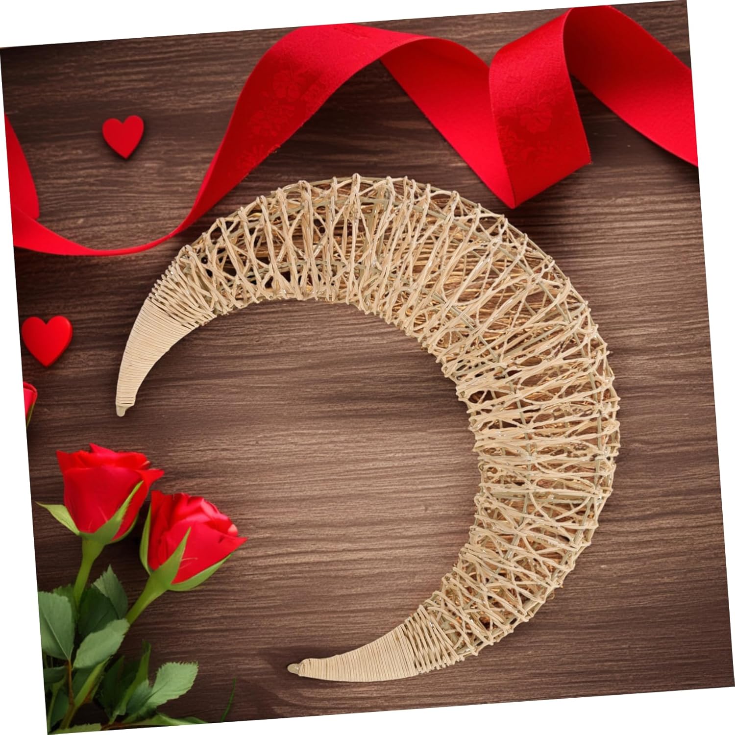 Mobestech Moon Shaped Rattan Hanging Decor Wreath Frame