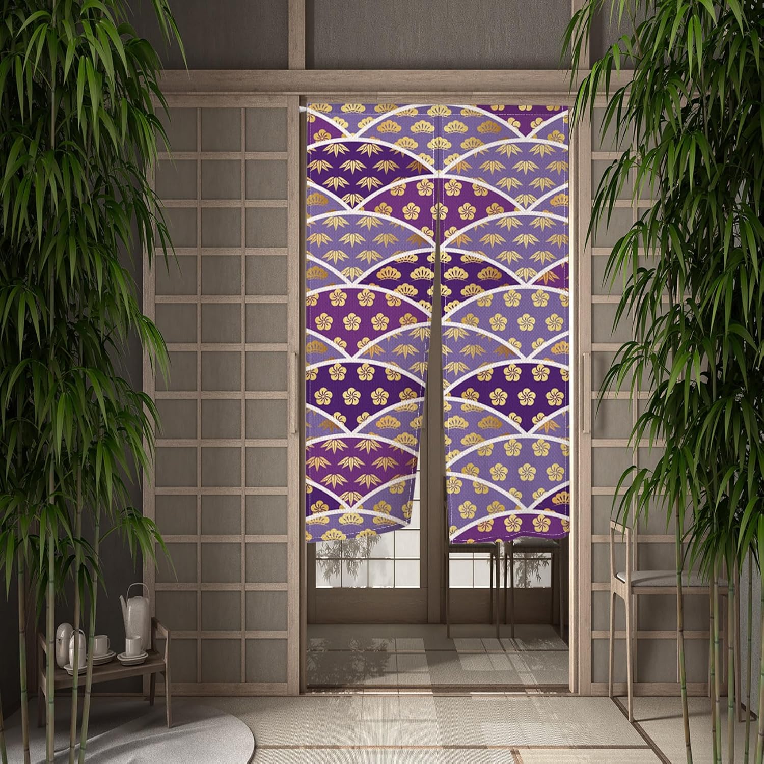 Long Japanese Noren Curtain 34x60 with Flower Design