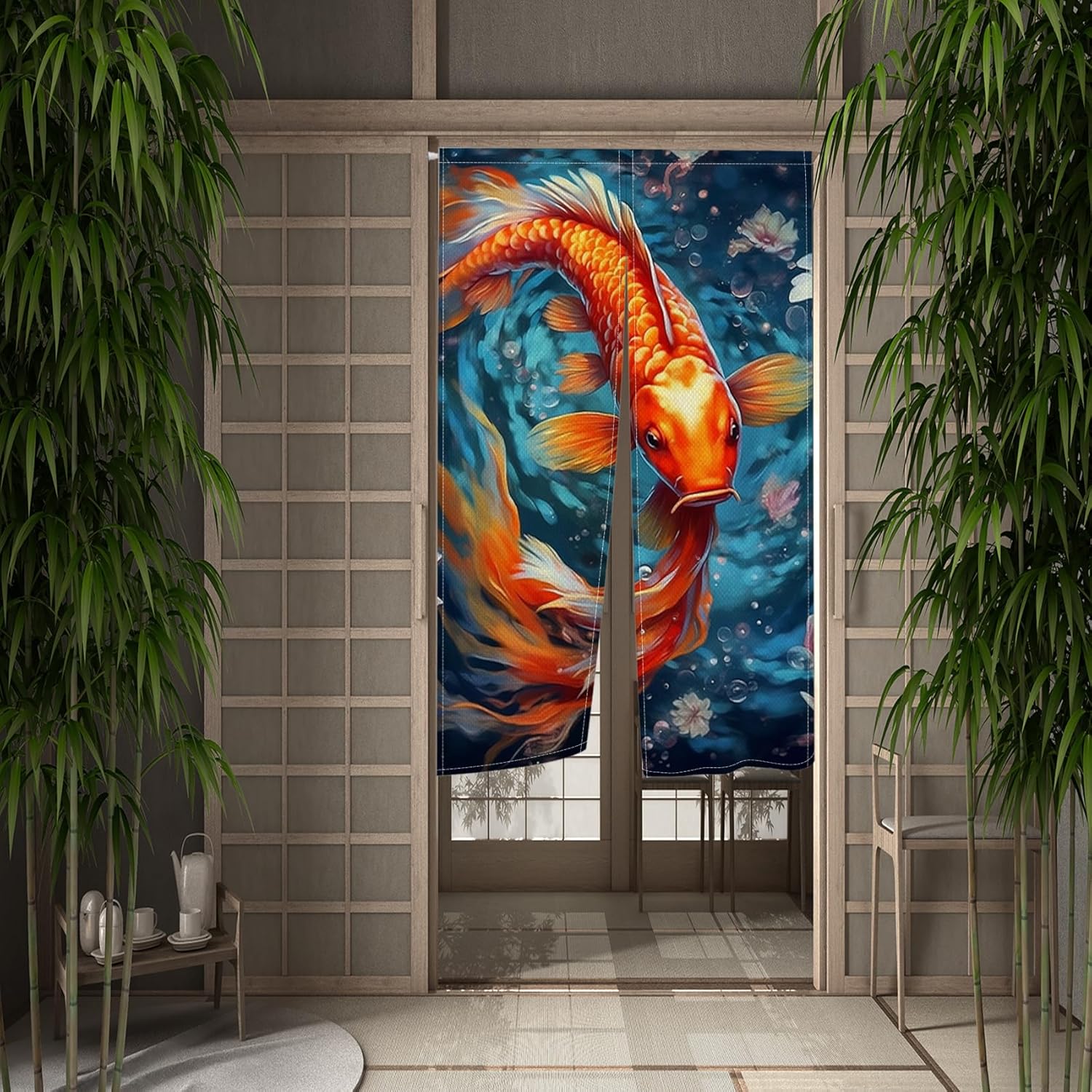 Golden Koi Noren Door Curtain for Kitchen and Bathroom