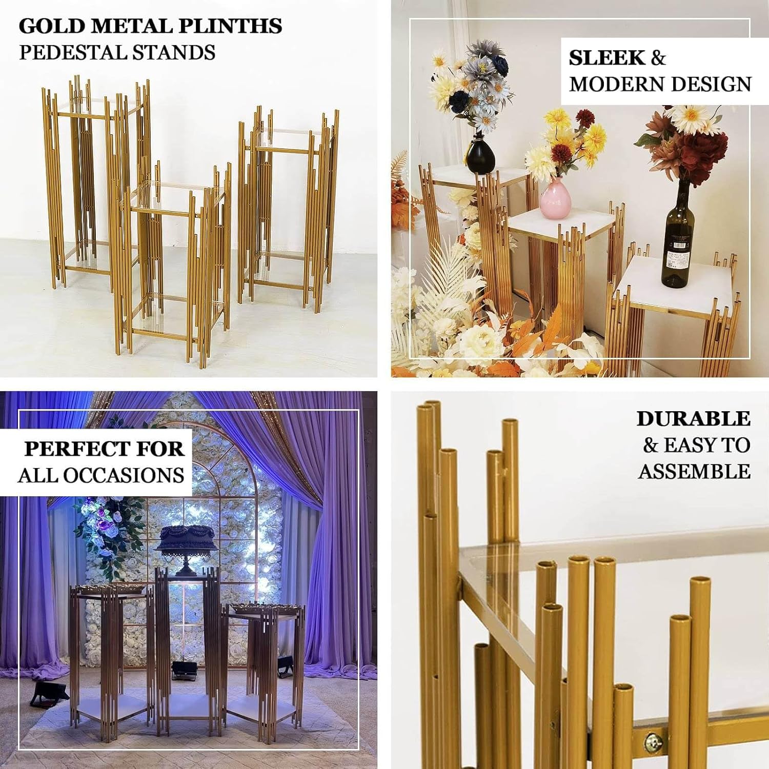 Tableclothsfactory Set of 3 Gold Metal Flower Display Stands