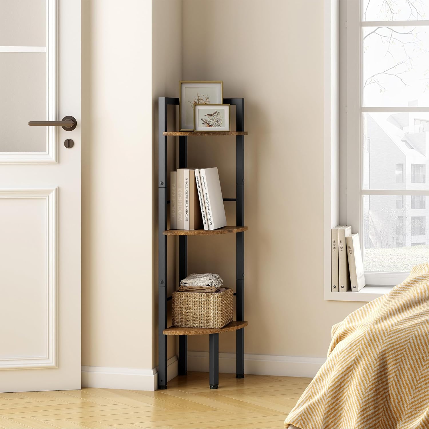 Tajsoon 3 Tier Corner Shelf Stand Industrial Rustic Brown