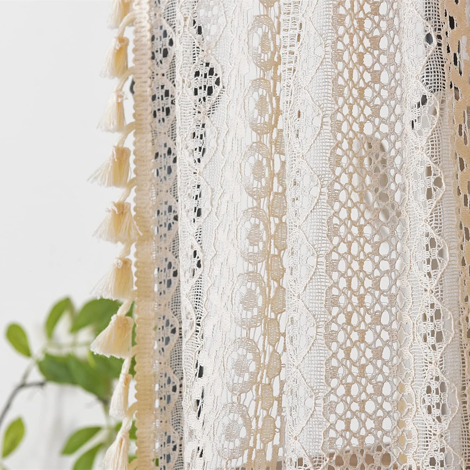 Boho Sheer Lace Curtain with Macrame Tassel