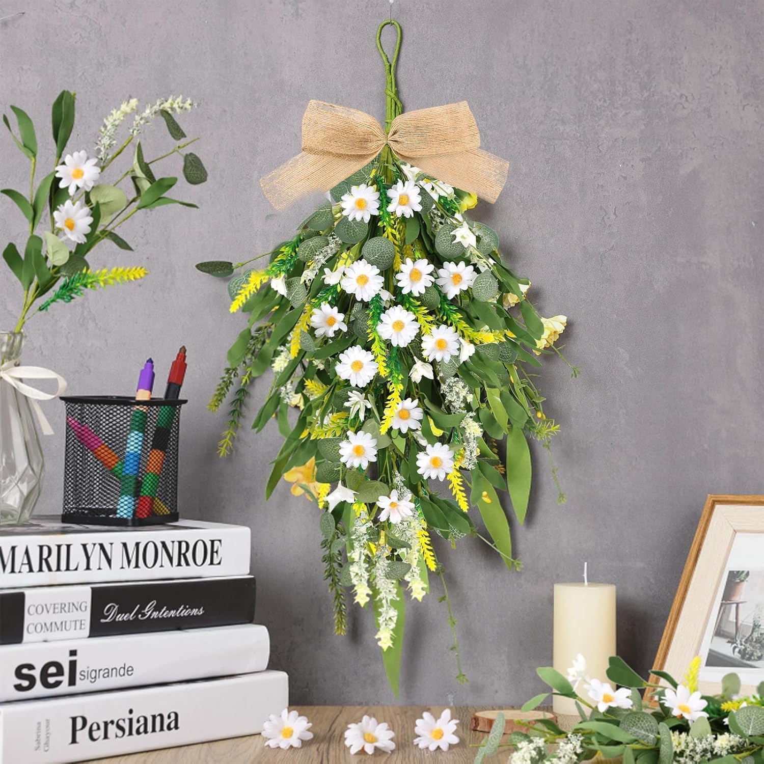 2 Pcs 24 Inch Artificial White Daisy Teardrop Wreath Swag