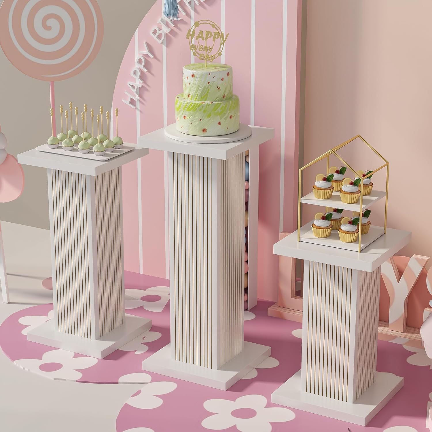 Fluted Panel Pedestal Stand Set 6Pcs White