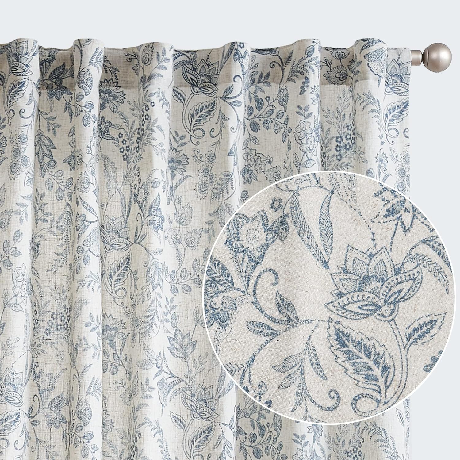 Lazzzy Linen Curtains Farmhouse Blue Floral Print 2 Panels Set