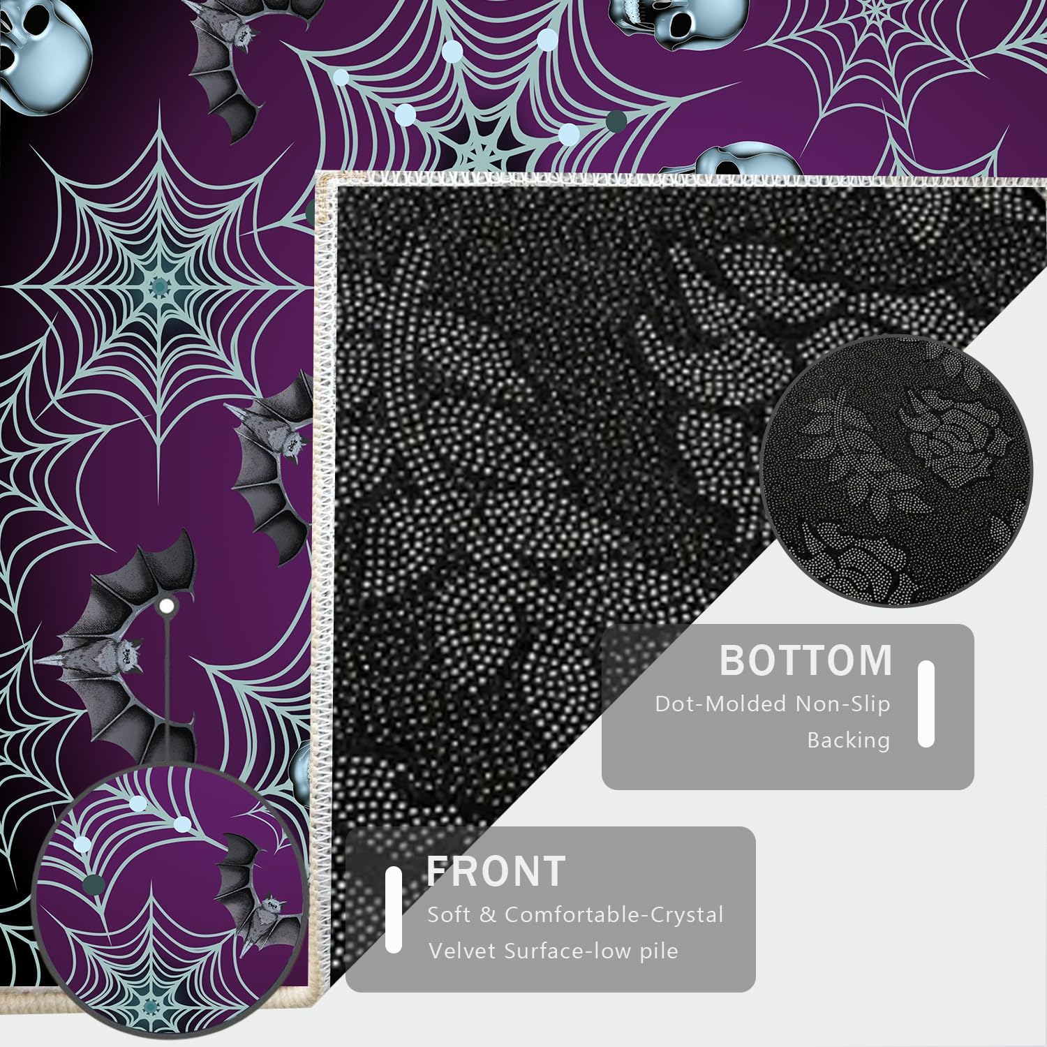 Halloween Gothic Area Rug 3x4ft Skull Bat Spider Web