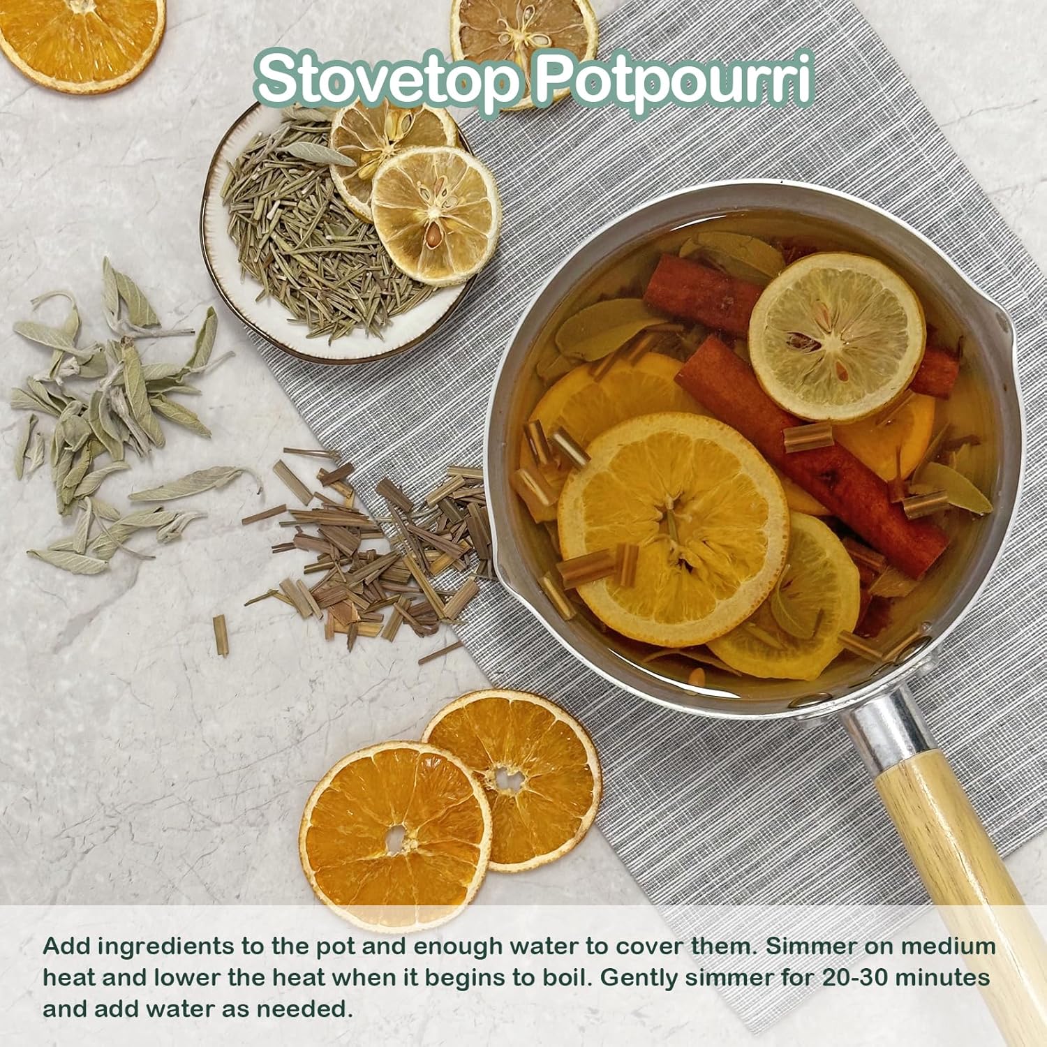 Spa Day Stovetop Potpourri with Cinnamon Lemongrass Orange Lemon Rosemary Sage