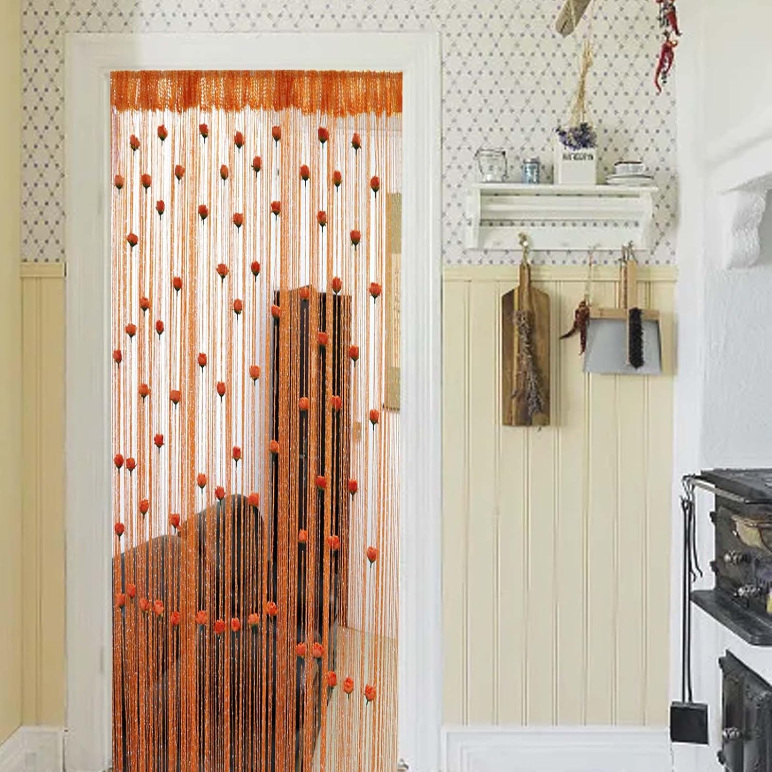 Rose Thread Door Curtain with Beads Orange 118x118in