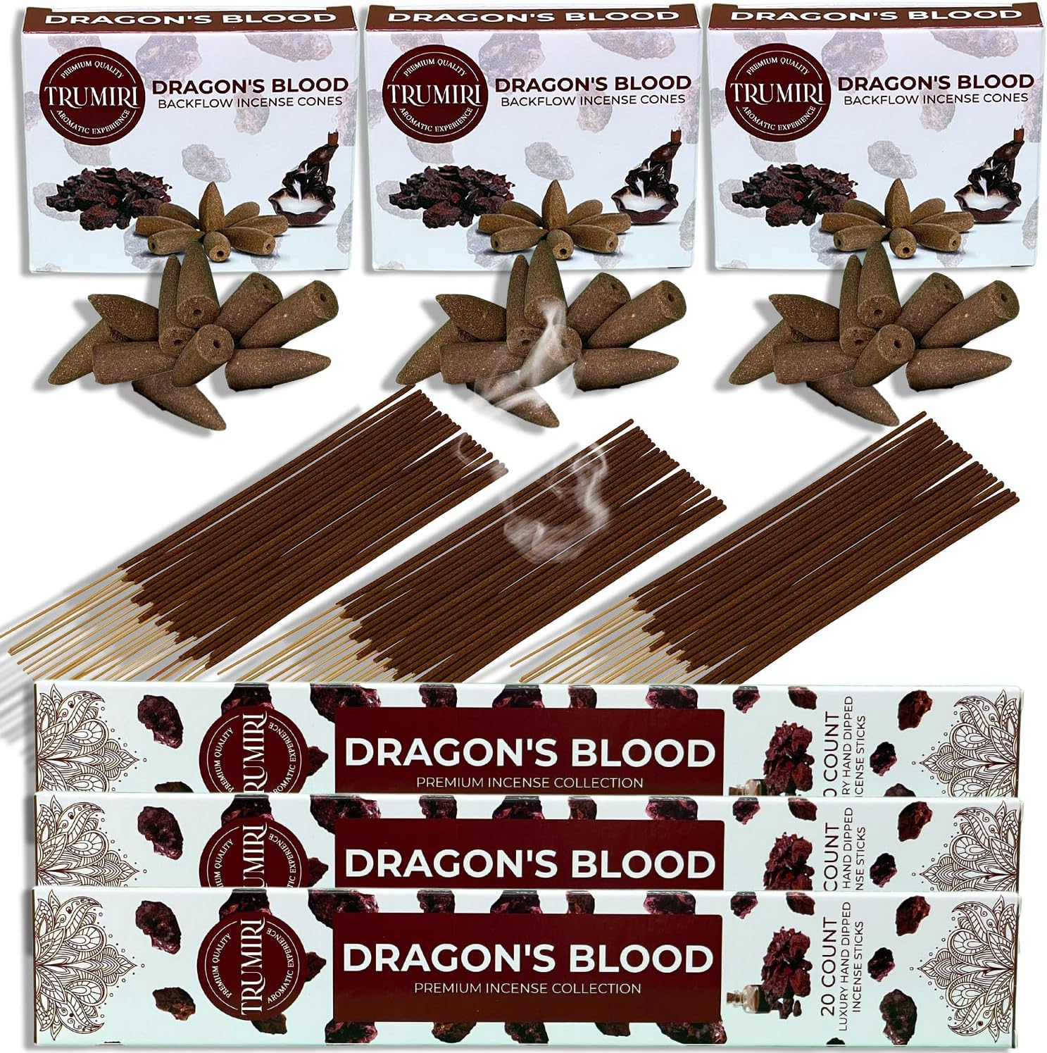 Dragons Blood Incense Sticks and Backflow Cones Combo Pack - 60 Sticks 30 Cones