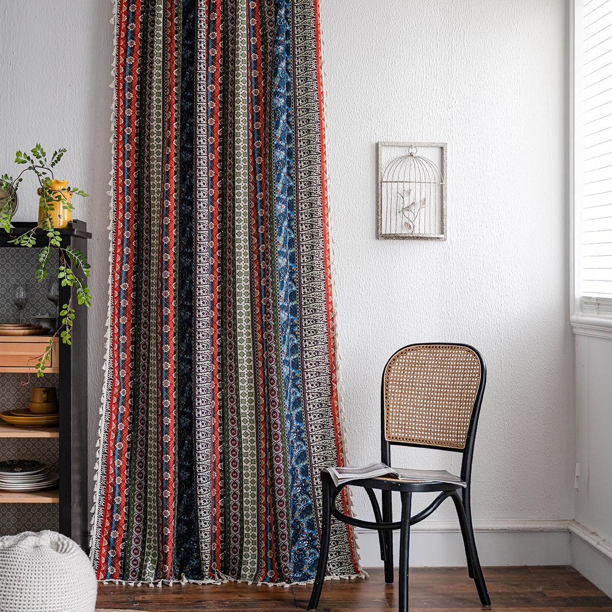 VOGOL Linen Textured Boho Curtains Red Strips 28x84