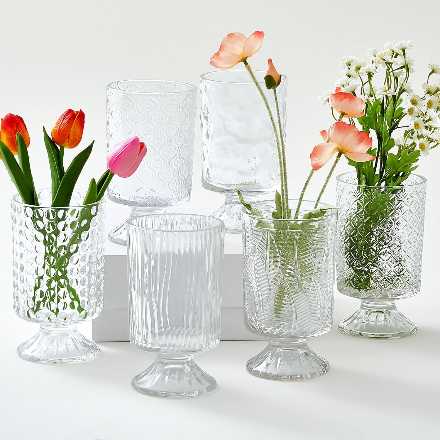 6 Pcs Clear Embossed Glass Vases for Wedding Centerpieces