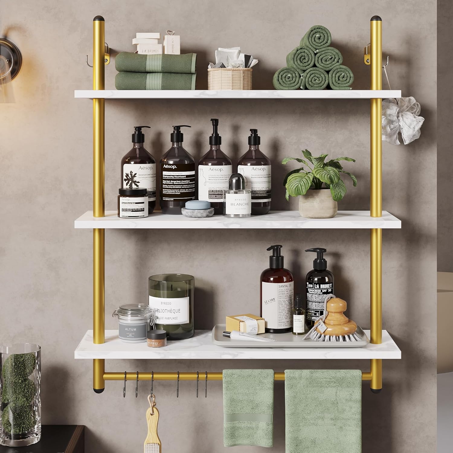Bestier 31 Inch 3 Tier Floating Wall Shelf with 8 Hooks