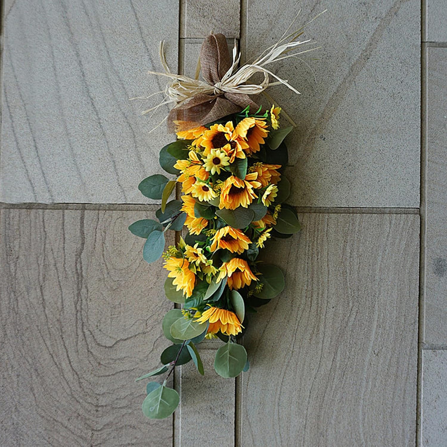 Belupai Sunflower Teardrop Wreath with Eucalyptus Leaves