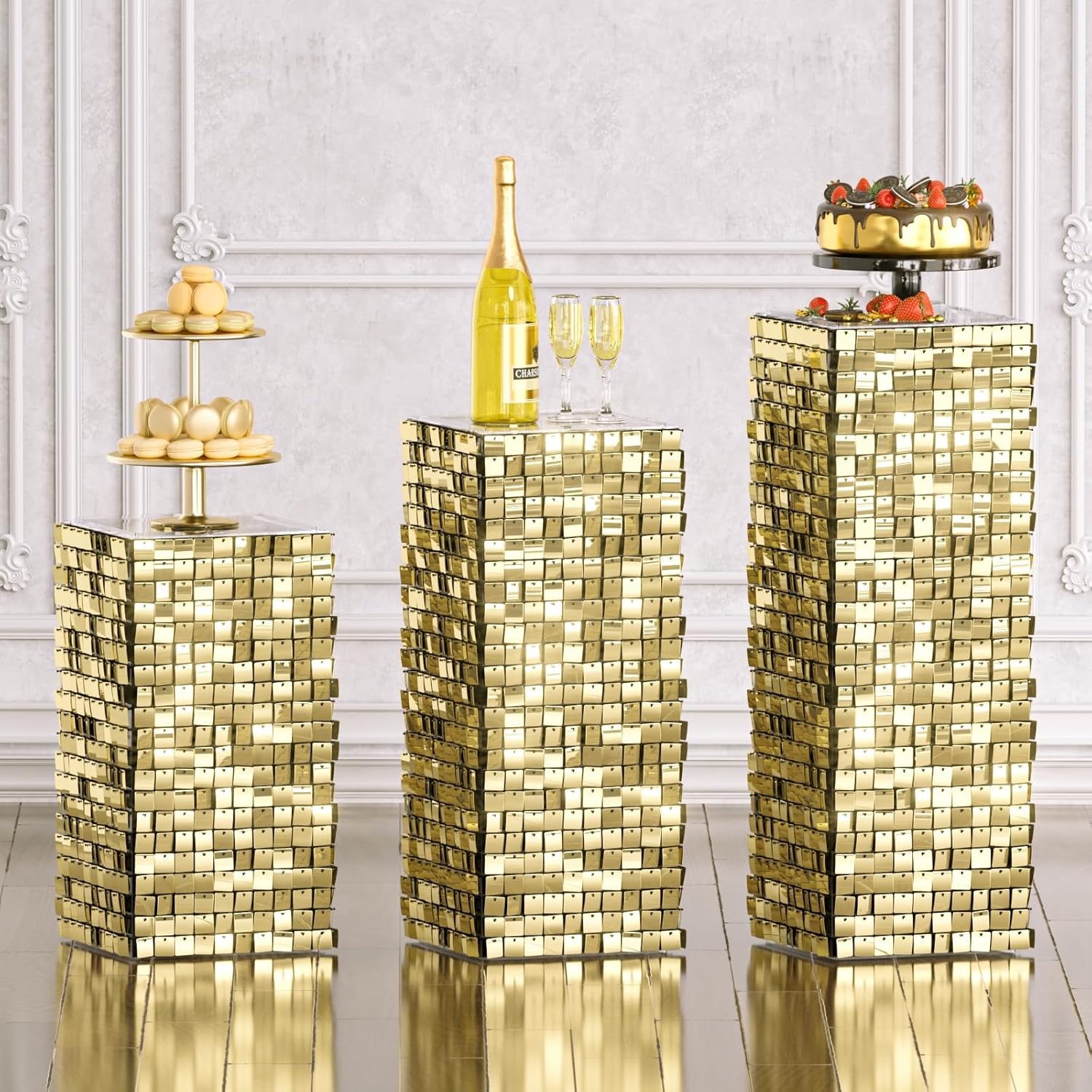 Qcity Light Gold Shimmer Pedestal Stand Set of 3