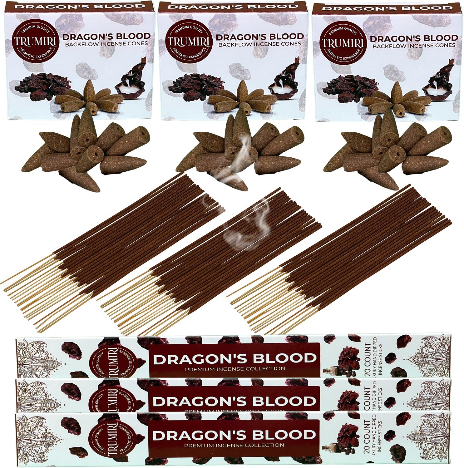 Dragons Blood Incense Sticks and Backflow Cones Combo Pack - 60 Sticks 30 Cones
