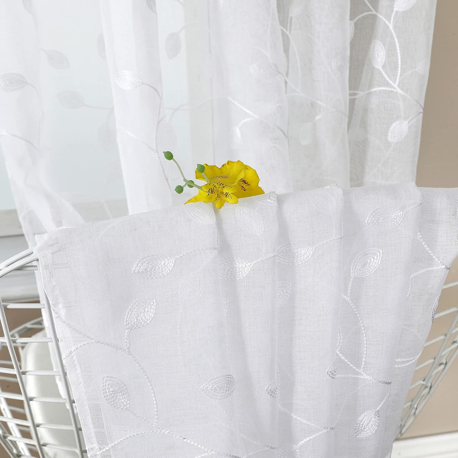 Tollpiz White Leaf Embroidered Sheer Curtains 30x24 Inches Set of 2