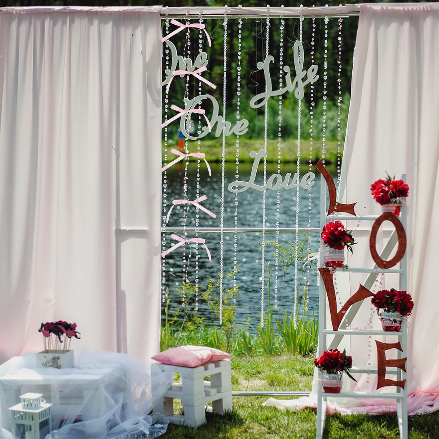 LOGOFUN 3pcs Bow Bead Curtain with Tassels in Pink