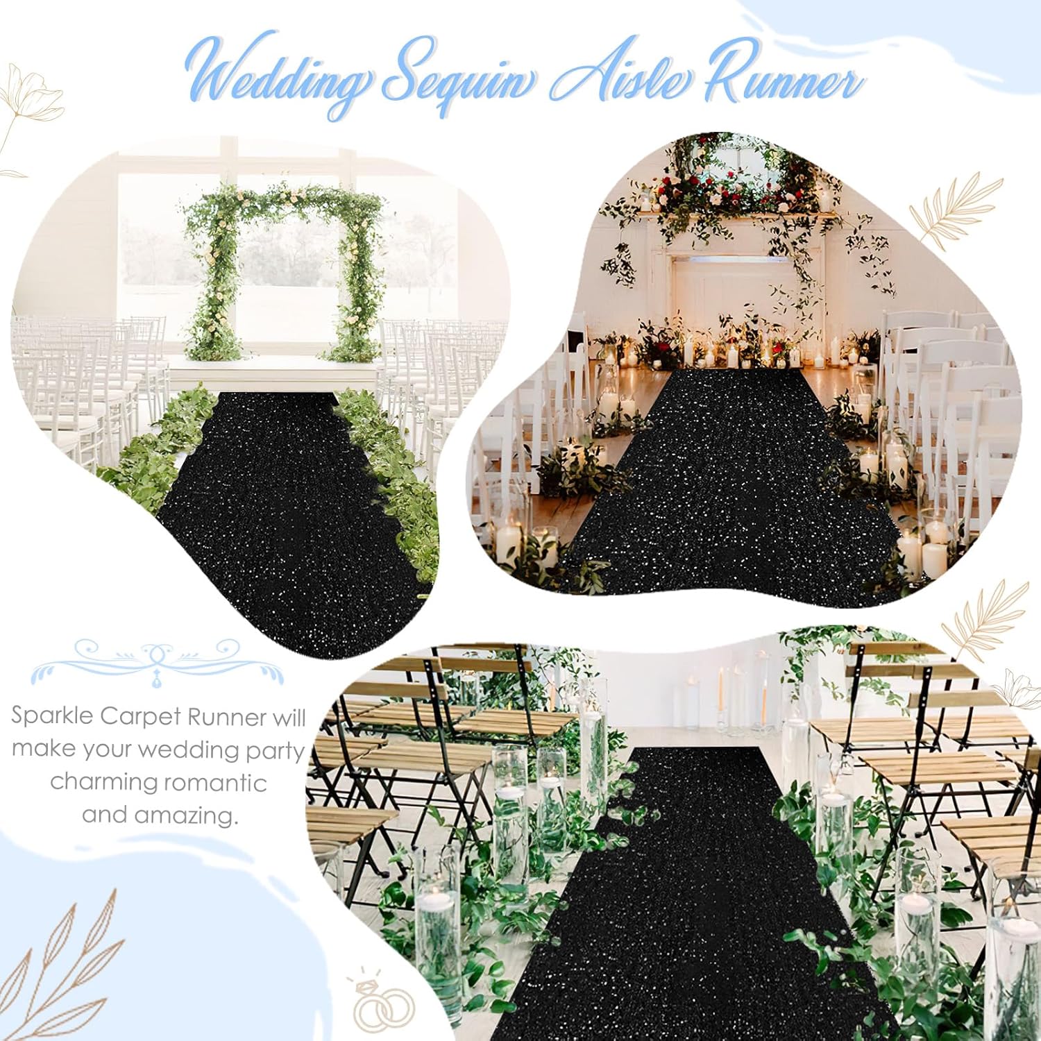 2ft x 15ft Black Sequin Aisle Runner Rug for Prom and Events