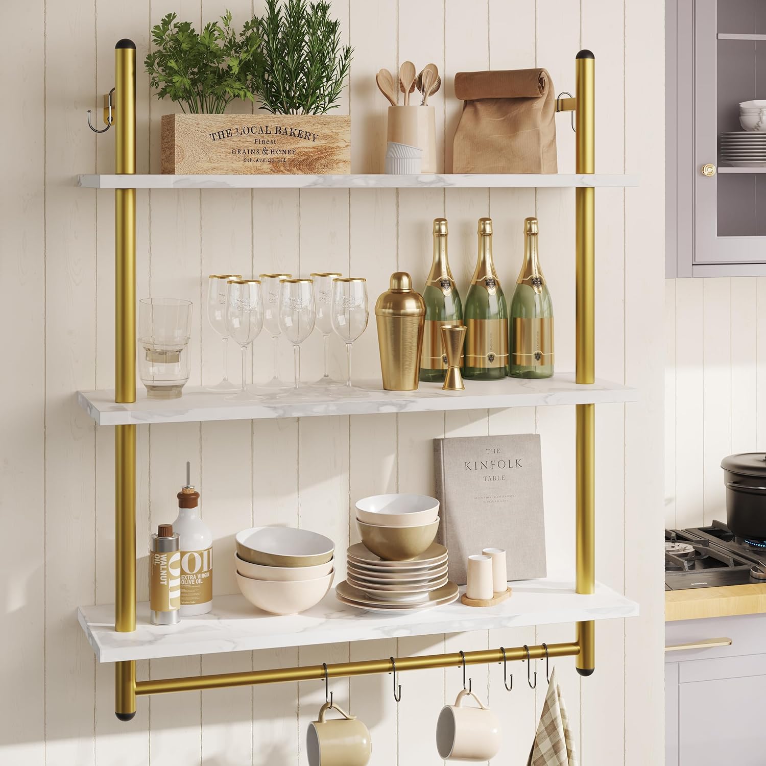 Bestier 31 Inch 3 Tier Floating Wall Shelf with 8 Hooks