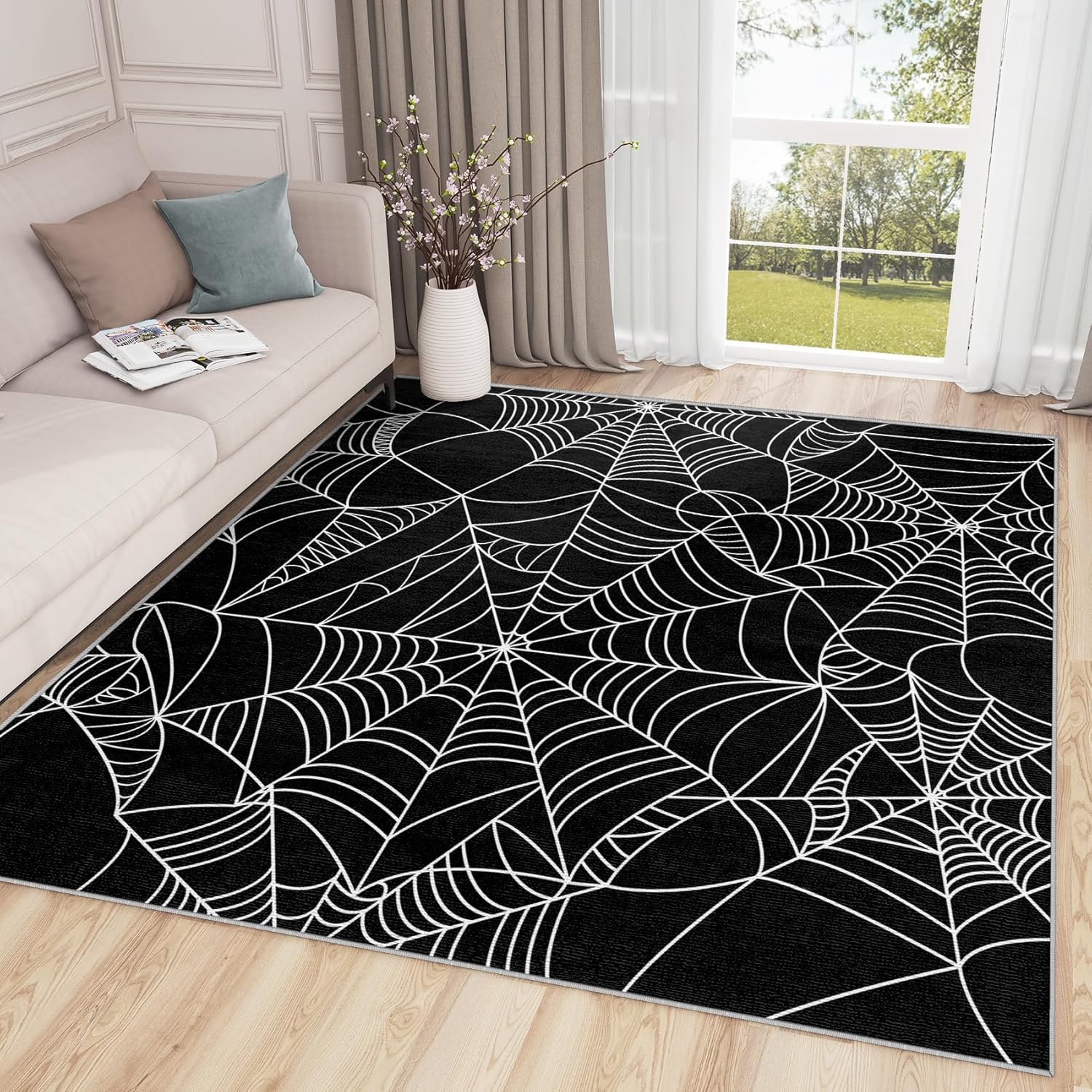 Gothic Spiderweb Area Rug - 3x4 Black and White Design