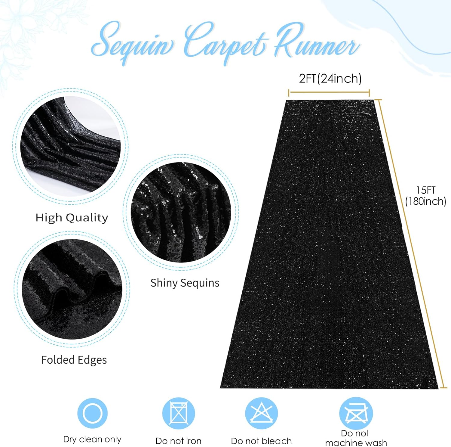 2ft x 15ft Black Sequin Aisle Runner Rug for Prom and Events