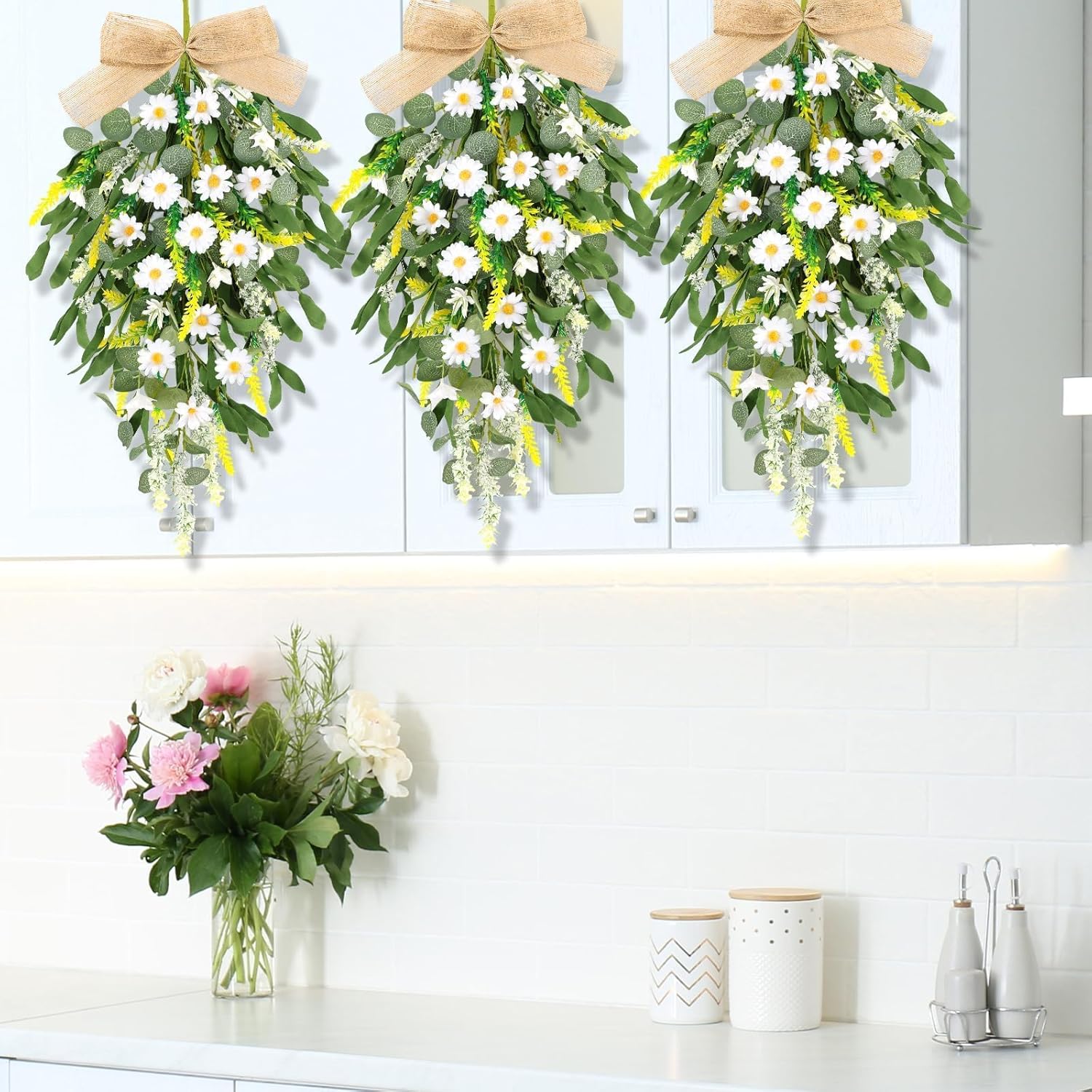 2 Pcs 24 Inch Artificial White Daisy Teardrop Wreath Swag