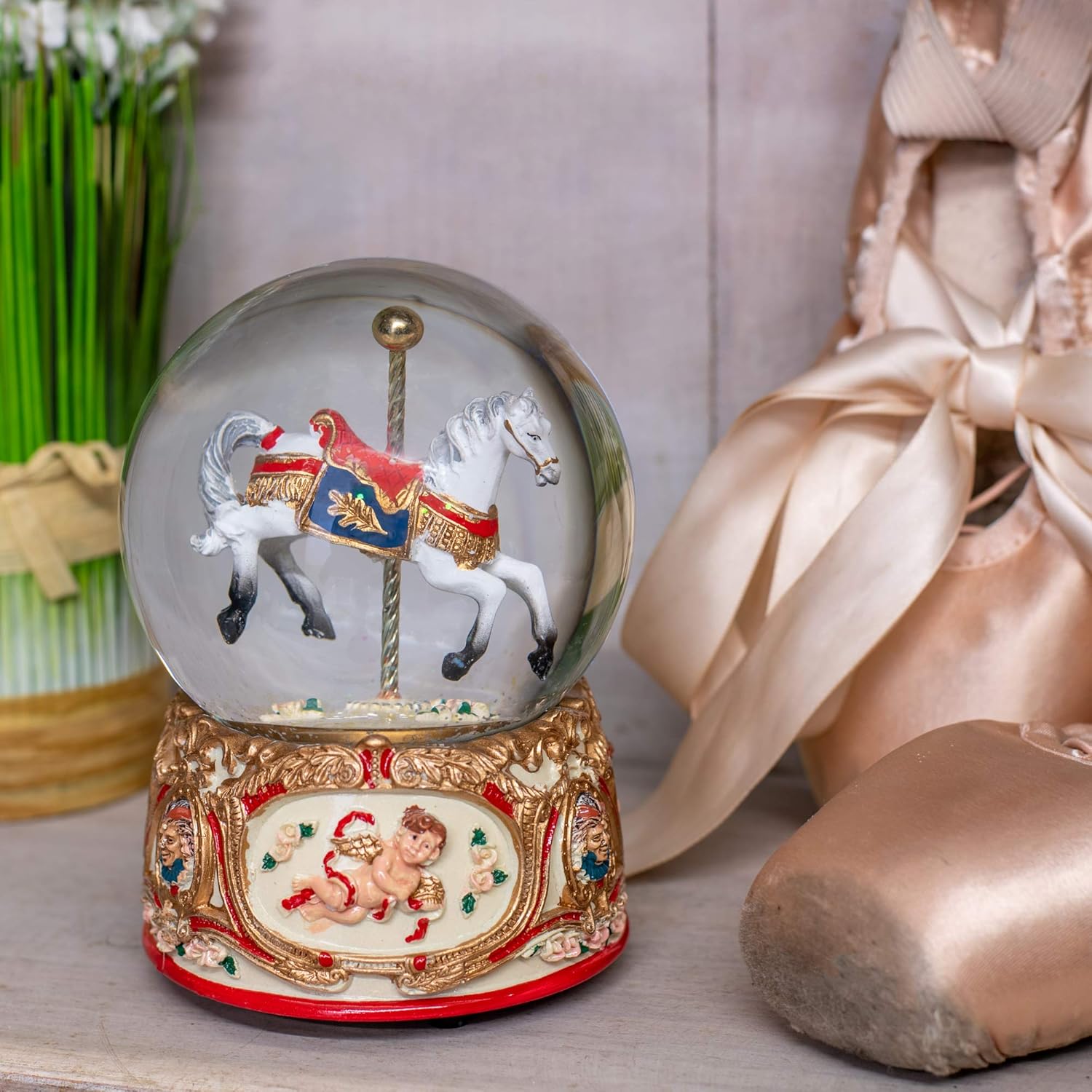 Gilded Gold Tone Musical Water Globe with Cupid and Carousel Horse