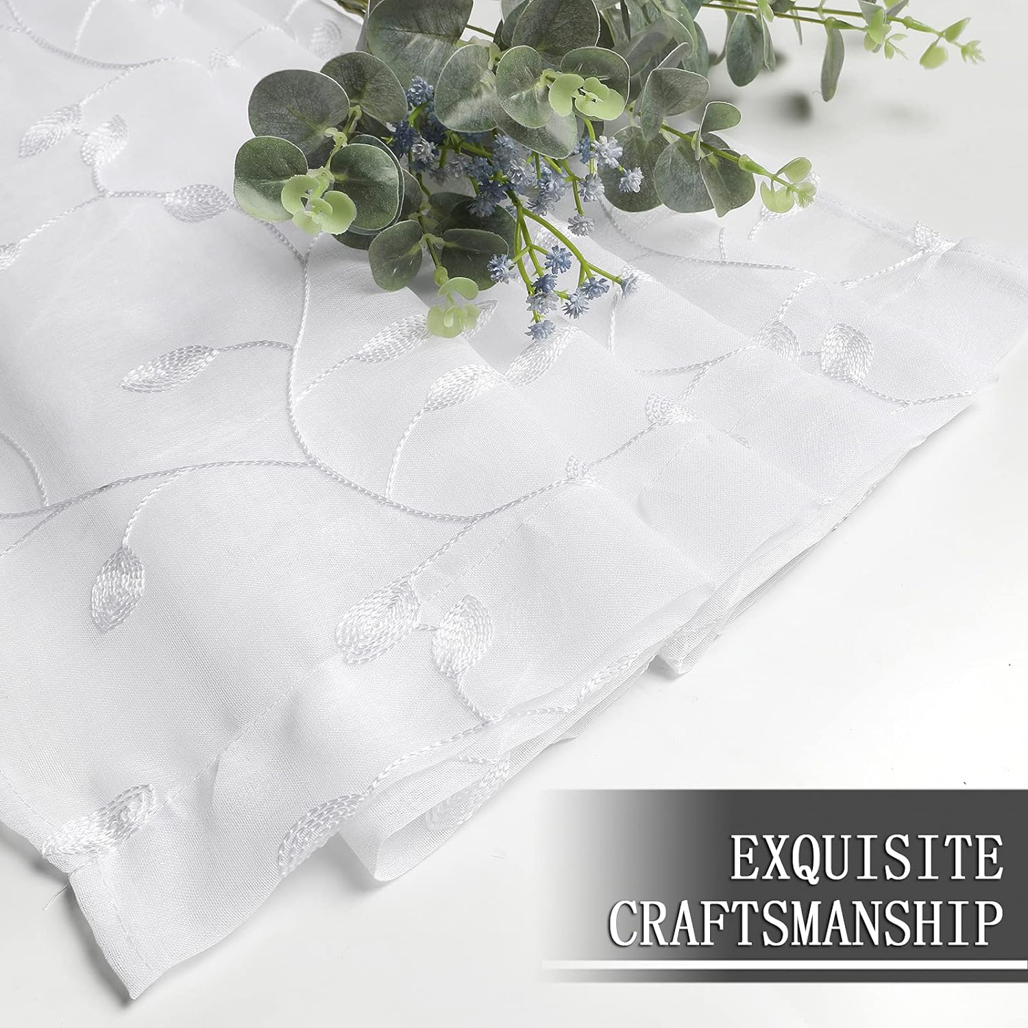 Tollpiz White Leaf Embroidered Sheer Curtains 30x24 Inches Set of 2