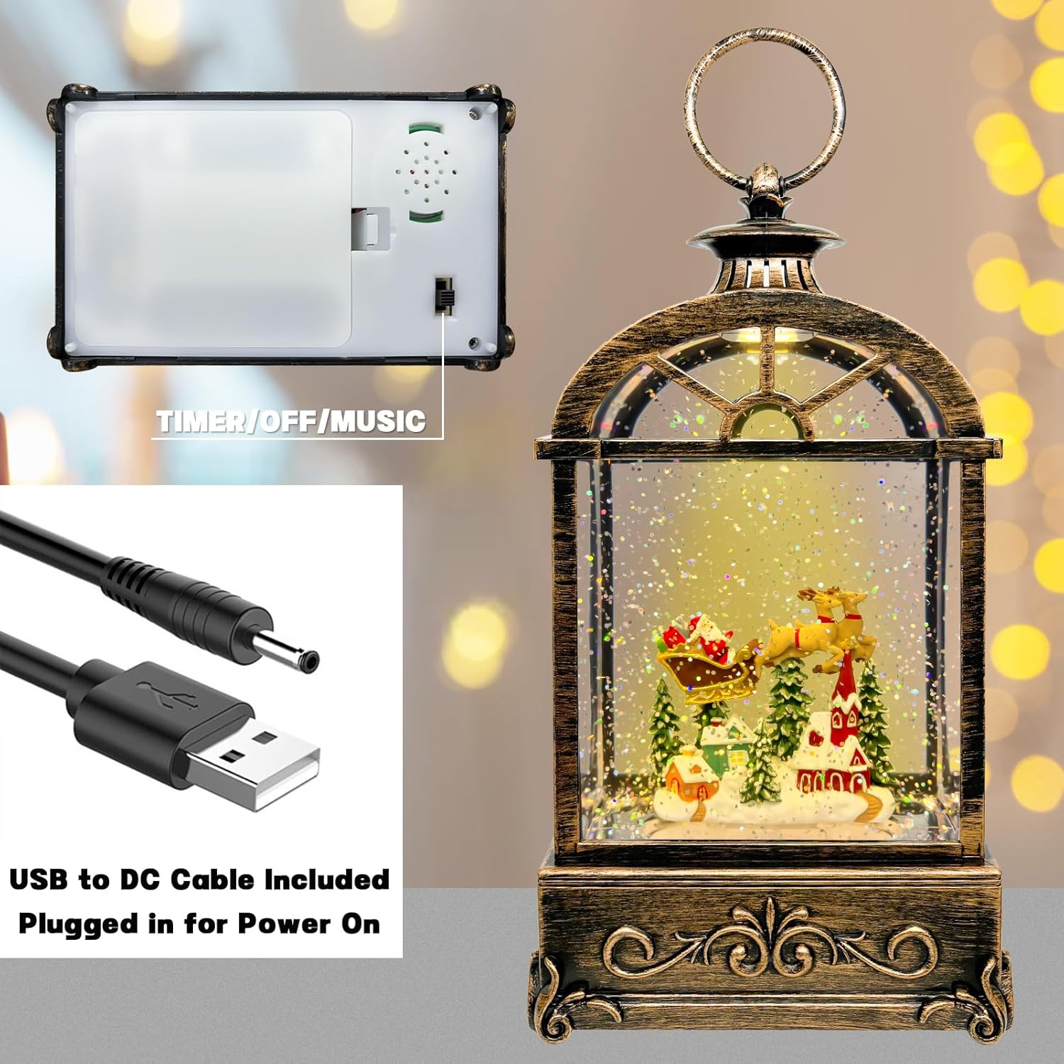 Musical Snow Globe Lantern with USB and Battery Power