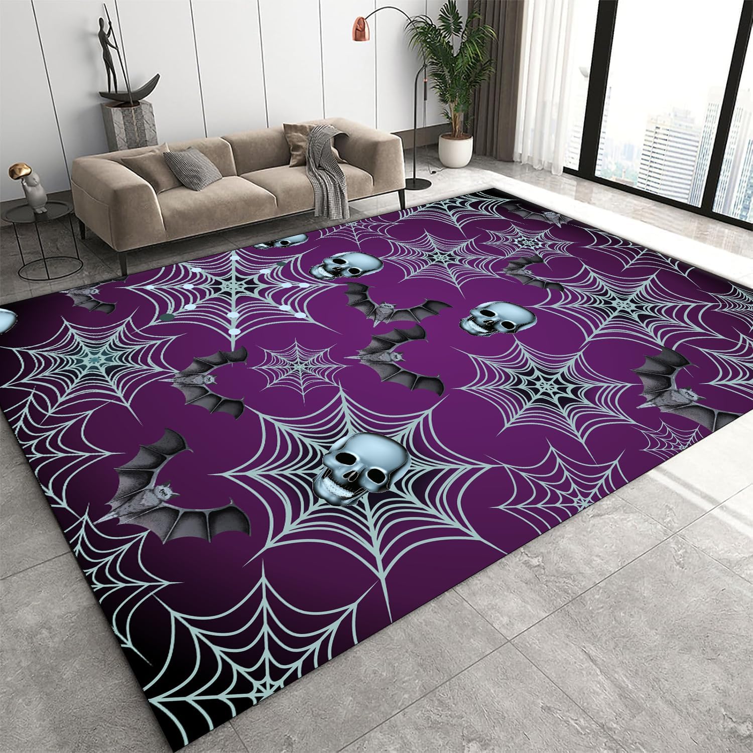 Halloween Gothic Area Rug 3x4ft Skull Bat Spider Web