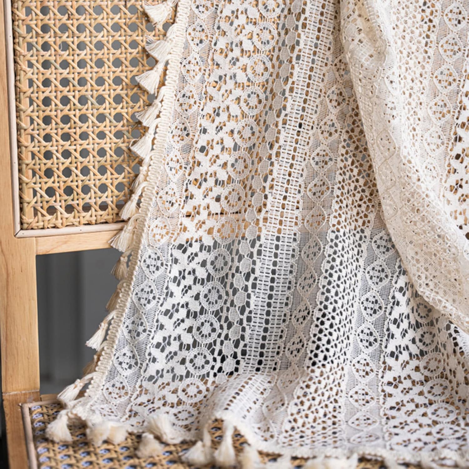 Boho Sheer Lace Curtain with Macrame Tassel