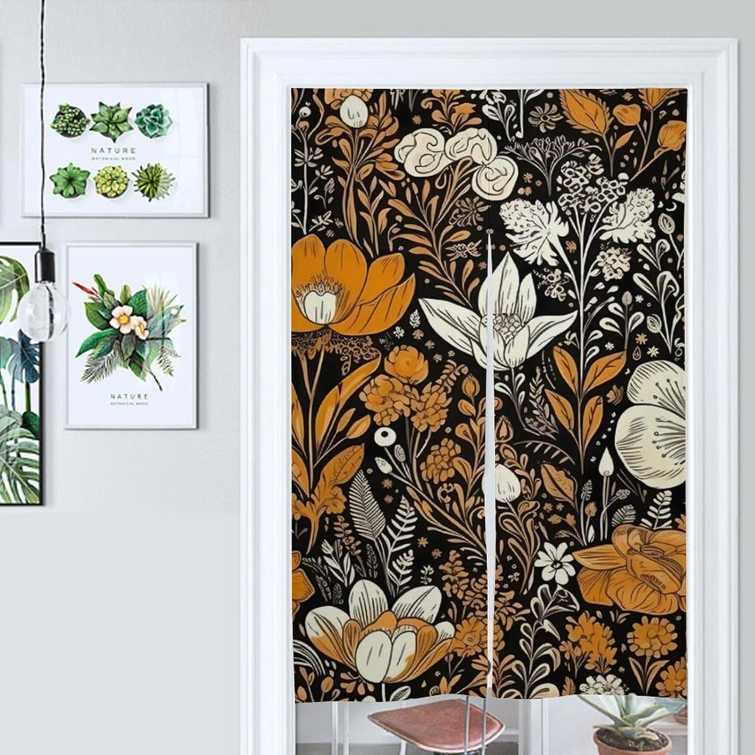 Japanese Noren Flowers Door Curtain 34x57 Black Background